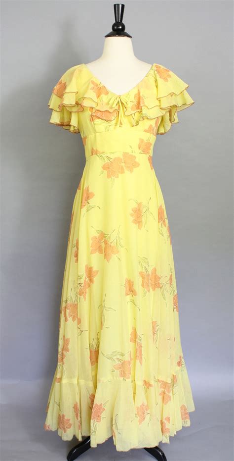 Vintage 70s Capelet Floral Maxi Dress 1970s Yellow Feminine Etsy