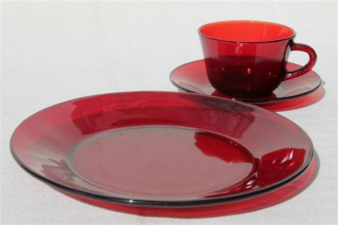 Vintage Ruby Red Glass Dishes Dinnerware Set For 6 Dinner Plates Cups And Saucers