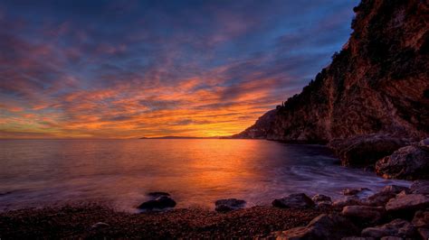 Tapety krajobraz zachód słońca morze zatoka skała Natura Wybrzeże odbicie niebo plaża