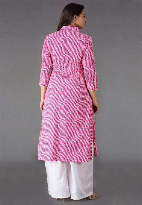 Leheriya Printed Cotton Straight Kurta In Pink Tjw646