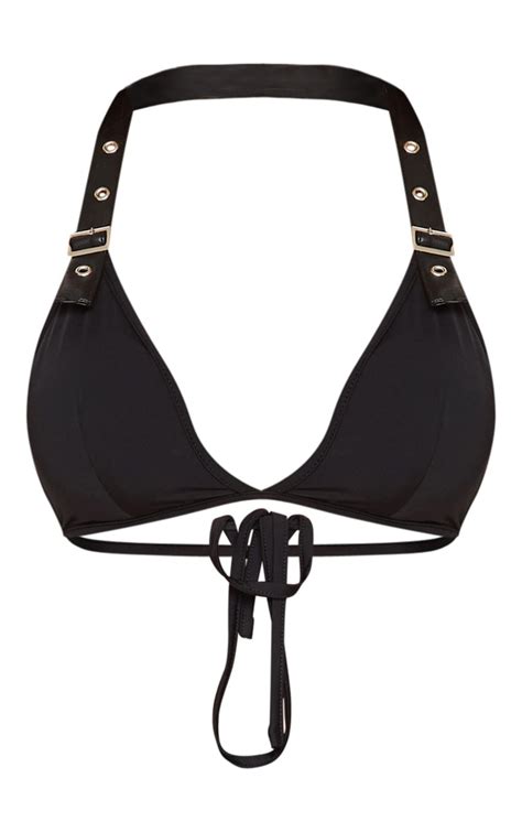 Black Buckle Strap Halterneck Bikini Top Prettylittlething Uae