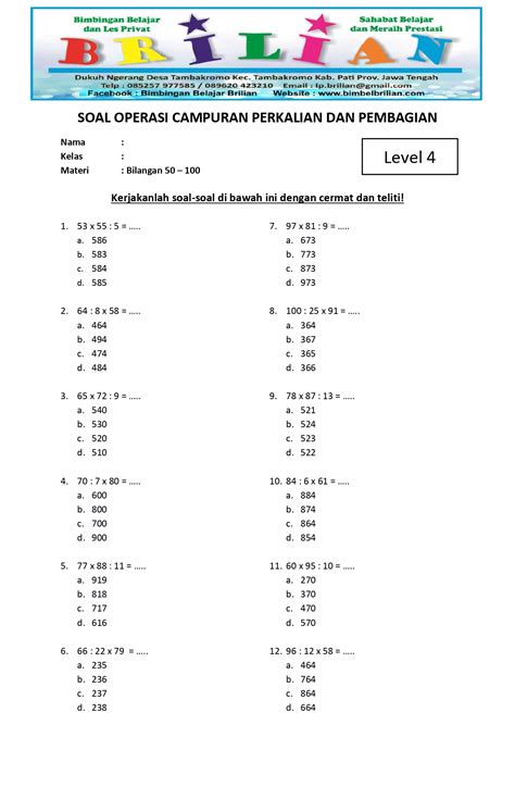 Soal Matematika Perkalian Dan Pembagian Kelas 4 Link Laideard