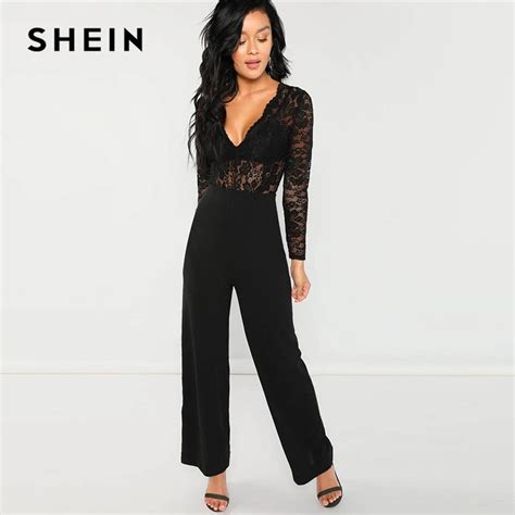 Shein Black Plunging Lace Bodice Jumpsuit Sexy Deep V Neck Wide Leg