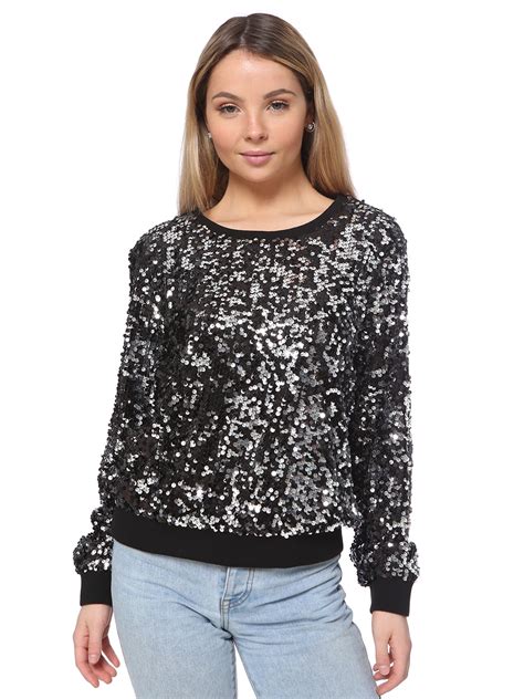 Women S Sequin Sweatshirt Round Neck Top Long Sleeve Ribbed Cuffs Outerwear Black Large