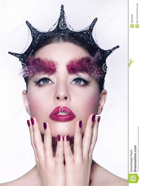 Creative Concept. Woman with Fancy Headwear and Red Make-up Stock Image ...