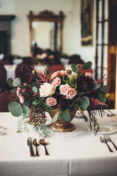 Fall Centerpiece With Blush Cream And Burgundy Palette By Eve Floral