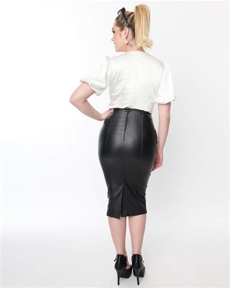 Unique Vintage Black Faux Leather Sailor Sierra Pencil Skirt Black