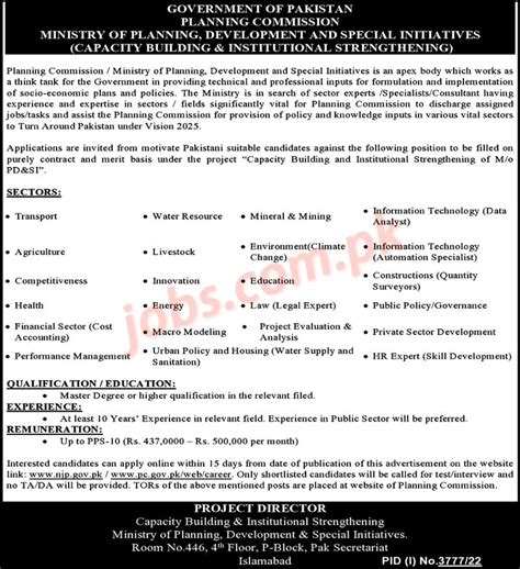 Planning Commission Pakistan Jobs For Sector Specialists Experts