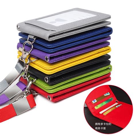 Badge Holder Double Sided Pu Leather Id Badge Card Holder With Lanyard