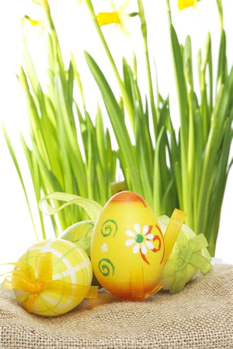 Pretty Painted Easter Eggs On Hessian Stock Photo Image Of Childhood
