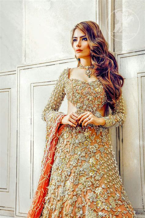 Pakistani Bridal Dress Peach Back Train Maxi Embroidered Lehenga