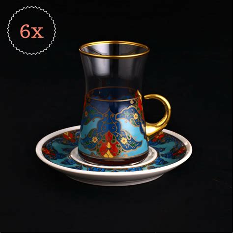 Pcs Sultan Blue Turkish Tea Set With Porcelain Saucers Fairturk Com