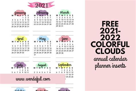 Free Printable 2021 2022 Colorful Pastel Clouds Annual Calendar Inserts