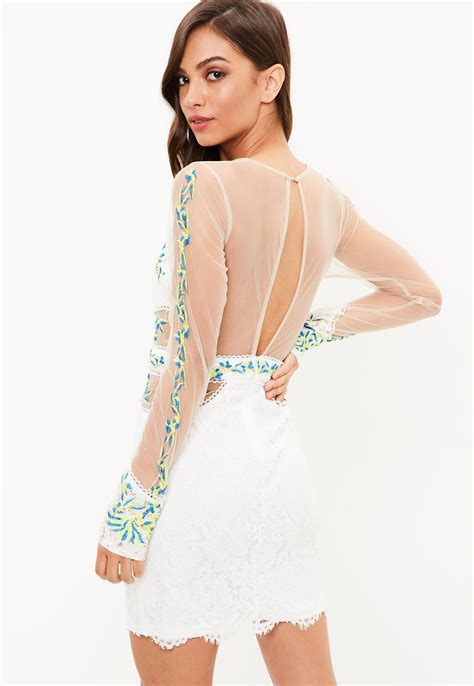 Lyst Missguided White Embroidered Lace Mesh Plunge Mini Dress In White