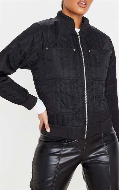 Black Quilted Zip Through Bomber Jacket Prettylittlething