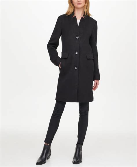Dkny Womens Black Wool Blend Single Breasted Walker Coat