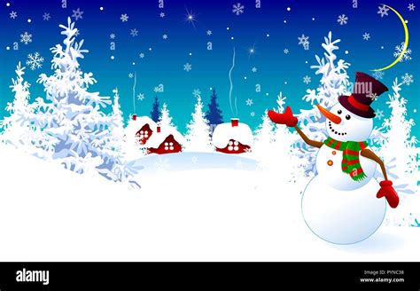 Cartoon Snowman On A Winter Background Snowman On The Background Of A