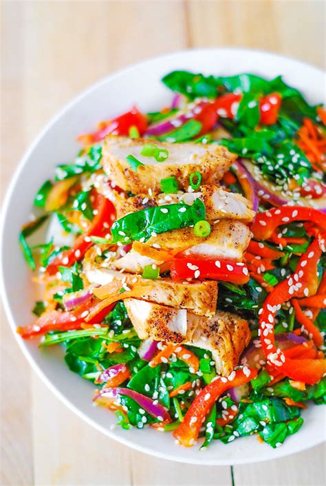 Chinese chicken salad with sesame dressing. Asian chicken salad with ginger sesame dressing