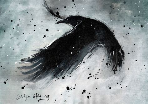 Raven Art 8x11 In Ink Painting On Canvas A4 21x30cm Etsy