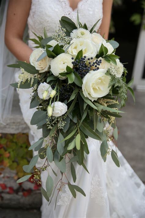 White And Eucalyptus Cascading Bouquet Fall Wedding Cascade Bouquet