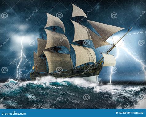 Sailing Ship Struggling In A Heavy Storm With Lightning Stock