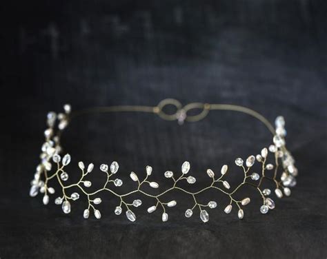 Gold Headpiece Crystal Diadem White Pearl Tiara Wedding Diadem