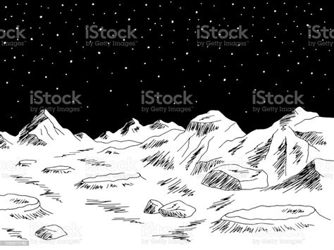 Alien Planet Graphic Black White Space Landscape Sketch Illustration