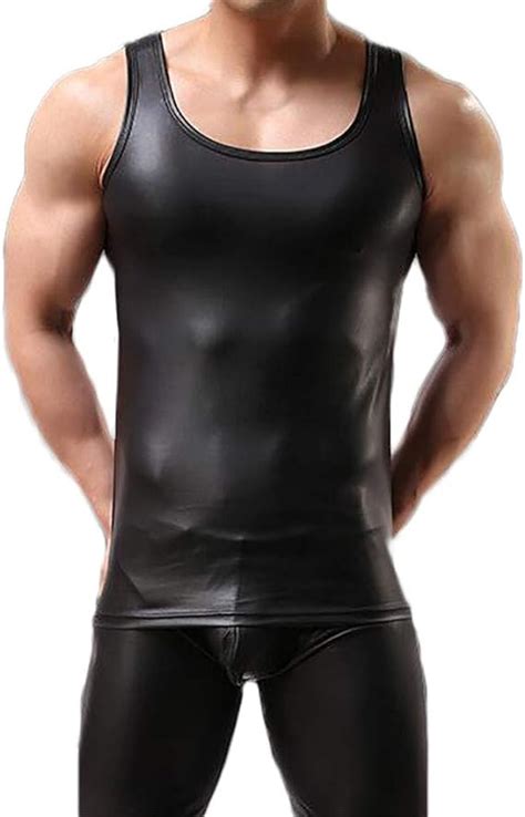 Men S Sports Tank Tops Patent Leather Vest Black Top Undershirt Casual