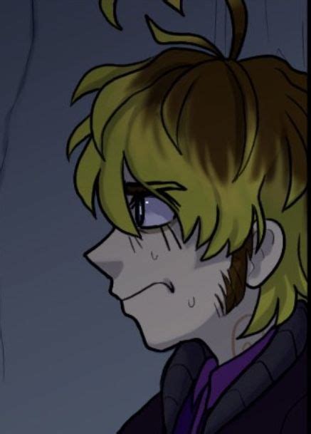 an anime character with blonde hair and blue eyes looking to his left in front of a dark background