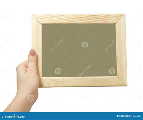 Female Hand Holding A Wooden Frame Isolated On White Background Stock