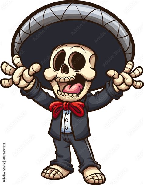 Happy Mexican Skeleton Mariachi Vector Clip Art Illustration With