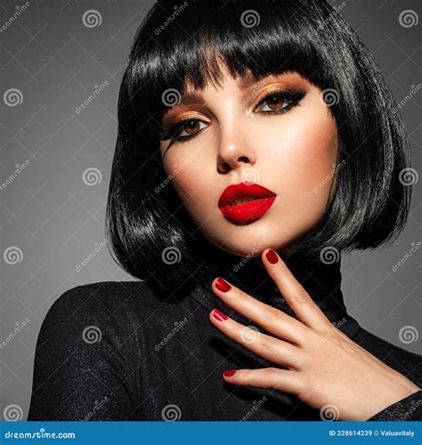 Beautiful Brunette Girl With Red Lips Pretty Young Sensual Woman With Red Nails Stock Image
