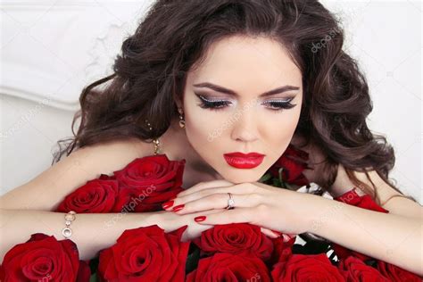 Beautiful Brunette Woman With Red Roses Bouquet Valentines Day Stock