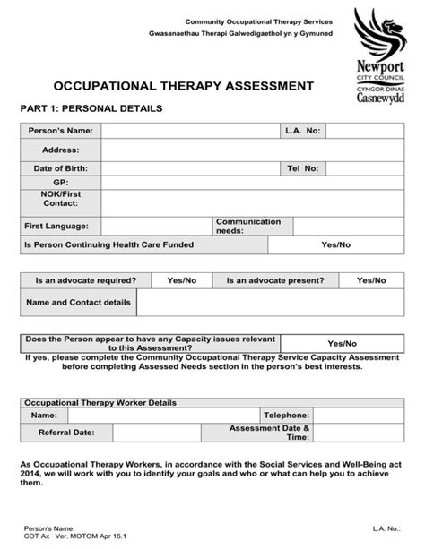 Occupational Therapy Assessment Word Document