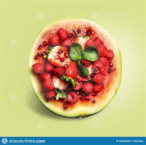 Half Of Watermelon Filled With Red Summer Fruits Strawberries