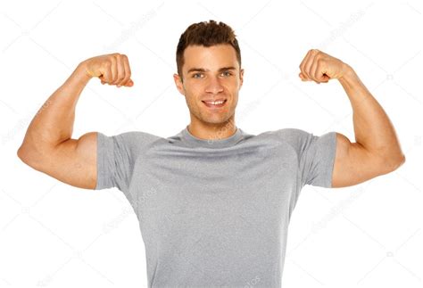 Fit And Muscular Man Flexing His Biceps On White — Stock Photo © Dashek