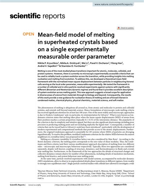 Pdf Mean Field Model Of Melting In Superheated Crystals Based On A