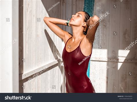 Woman Swimsuit Showering After Swimming Pool Stock Photo 1356436652