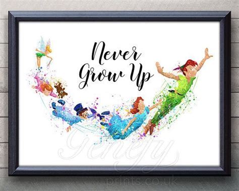 Disney Peter Pan Never Grow Up Quote Watercolor Art Poster Print Wall Decor Artwork