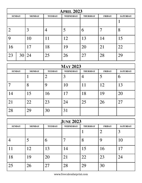 Printable April May June 2023 Calendar Gambaran