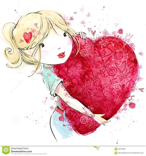 Cute Girl With Red Heart Valentine Day Stock