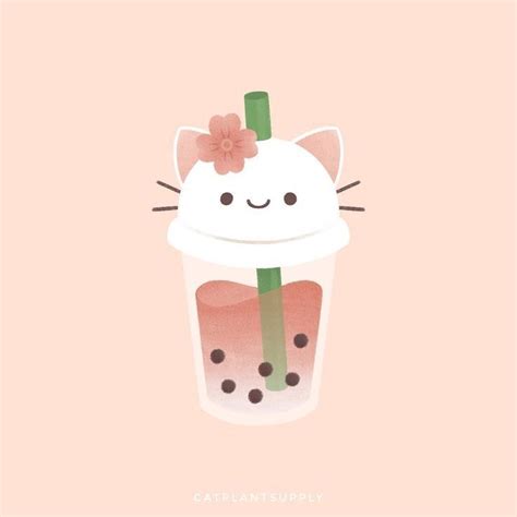 Cute Kitty Cat Bubble Tea Doodle Drawing Tea Wallpaper Kawaii