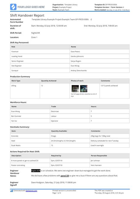 Production Shift Handover Template Excel