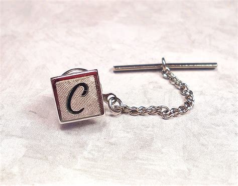 Vintage Tie Tack Letter Initial C Swank Lapel Pin Mens Textured Silver Tone Formal Jewelry Gift