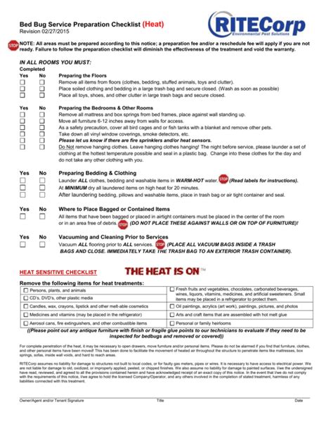 Bed Bug Heat Prep Sheet