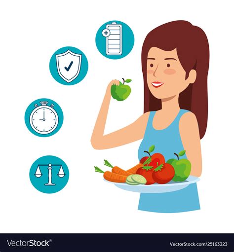 Woman Eating Healthy Food And Set Icons Royalty Free Vector