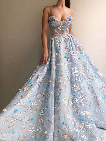 A Line Spaghetti Straps Sweetheart 3d Flower Applique Sky Blue Prom
