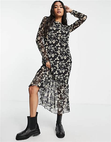 and other stories long sleeve floral mesh midi dress in black black asos