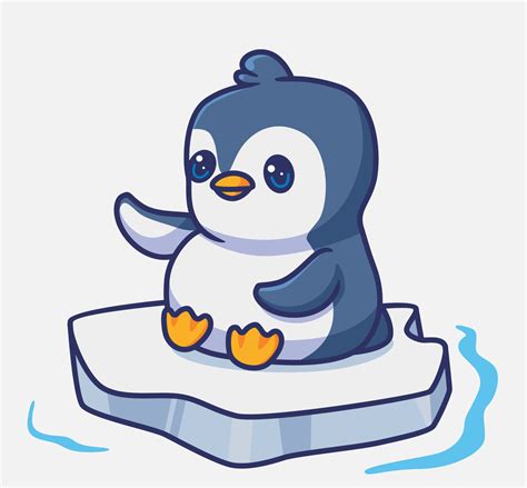 Cute Penguin Sitting On Ice Isolated Cartoon Animal Illustration Flat