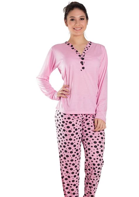 Pijama Feminino Longo Semi Aberto Com Blusa Lisa E Calça Estampa Poá Élen Na Amora Doce